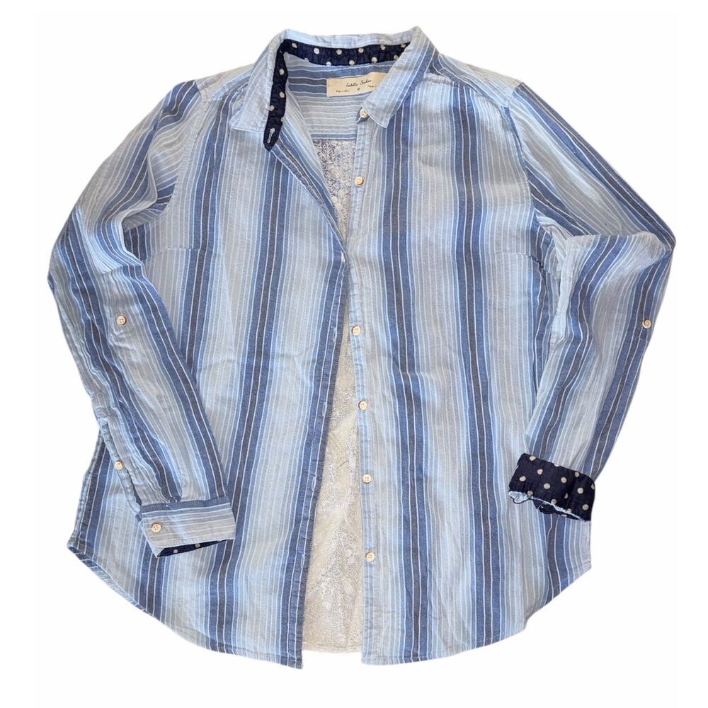 Anthropologie Isabella Sinclair Blue Striped Lace Inset Shirt Medium - Picture 3 of 10